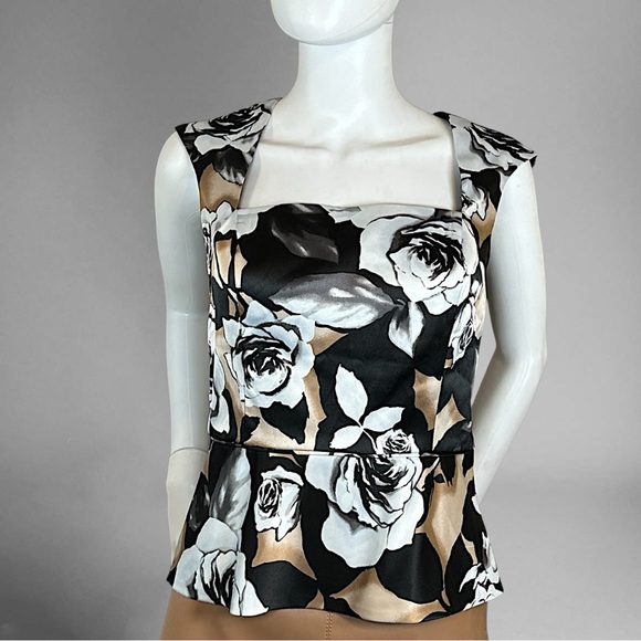 White House Black Market Black and Cream Floral Peplum Blouse - Picture 3 of 6